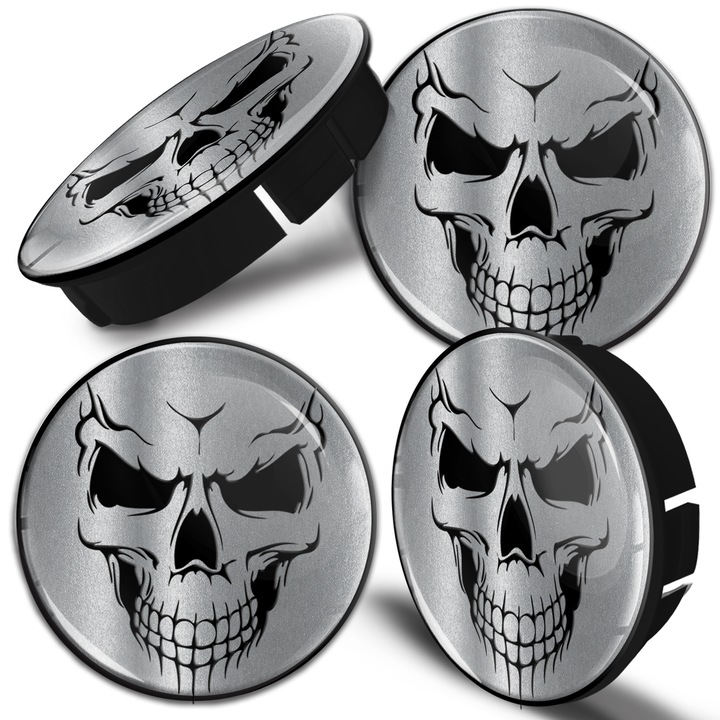 Set capace roti, SkinoEu, cu diametru exterior 60mm, diametru interior 56mm, pentru jante aluminiu, Universal, Skull, Negru/argintiu, C 93, 4buc