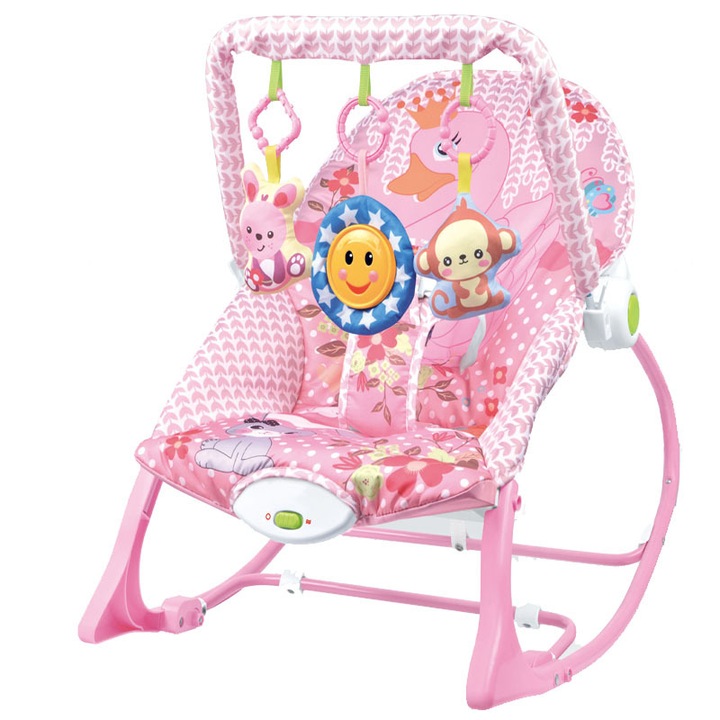 Balansoar electric multifunctional pentru bebelusi cu arcada jucarii, Roz