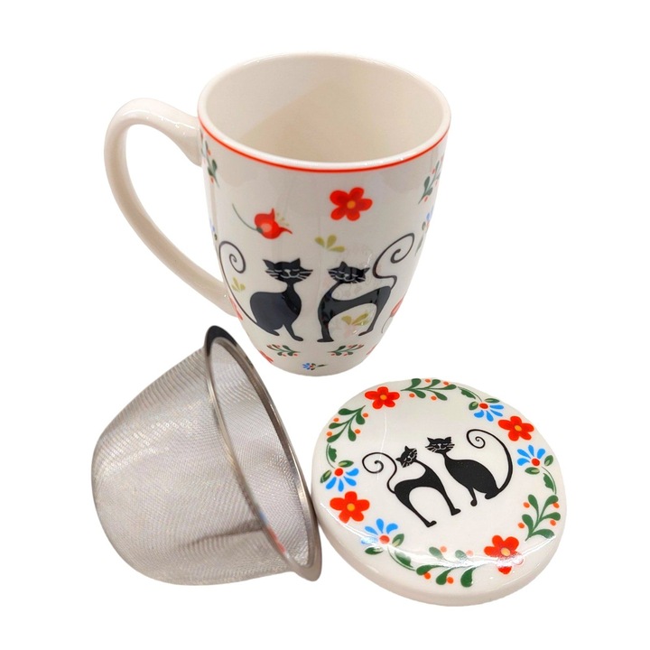 Cupa cu pisici Le Chat, portelan alb, 380ml, cu capac si filtru