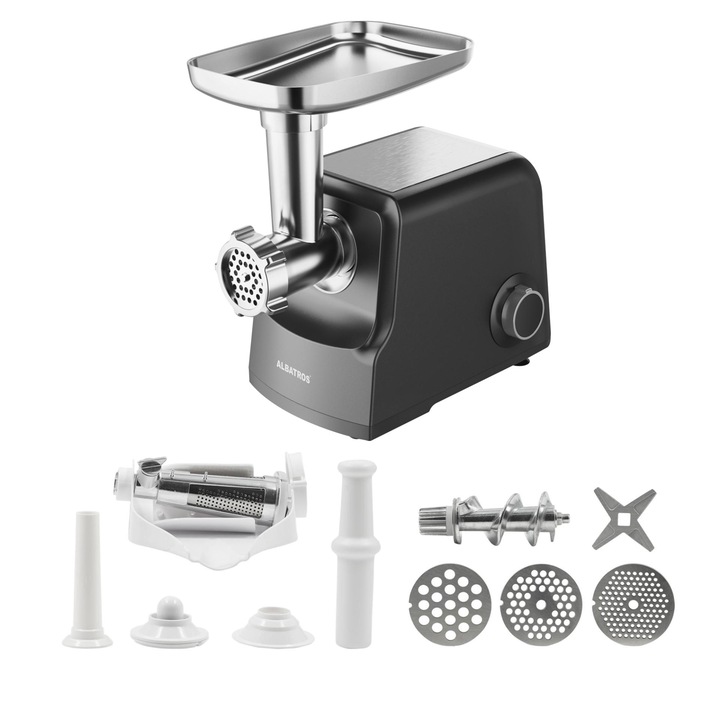 Masina de tocat Albatros MTA-2205, Putere maxima 2200 W, 2 viteze + revers, Accesorii pentru carnati si kibbe, separator de rosii, Capacitate tocare 2 kg/min, Negru