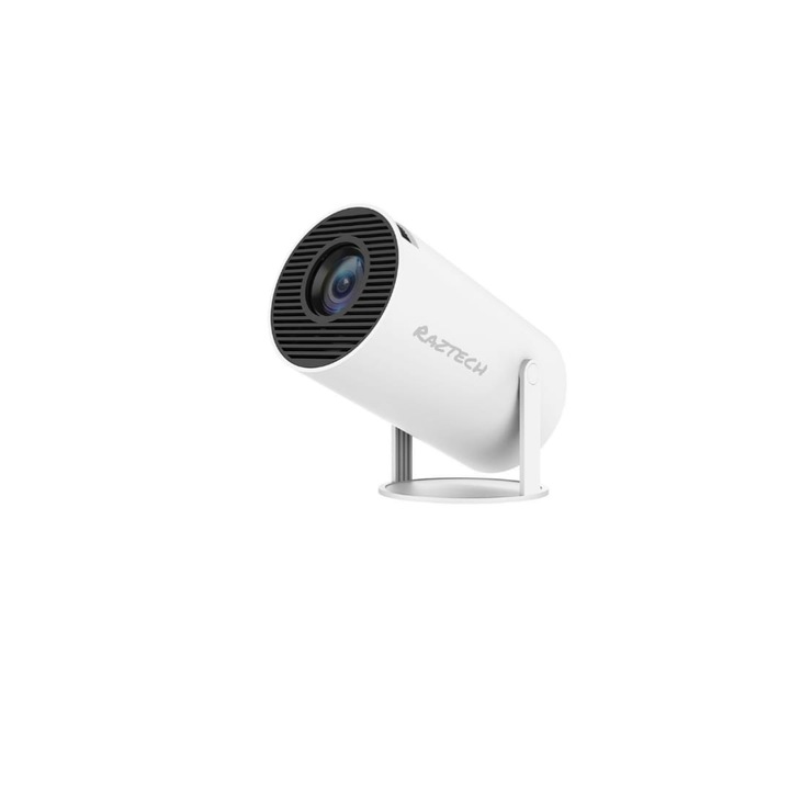 Преносим смарт 4K Ultra HD видео проектор "RAZTECH" с WiFi5, вграден високоговорител, автоматична хоризонтална корекция, Bluetooth 5.0, регулируема проекция до 130 инча, 180 градуса ротация, HDMI връзка, USB, дистанционно управление, бял