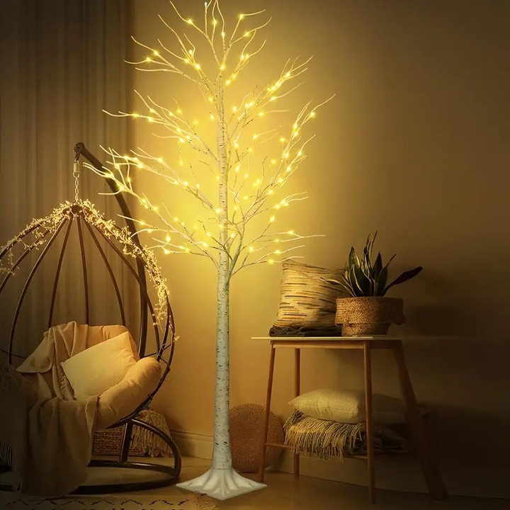 Декоративна бреза със светодиоди, 180 см, празнична елха с USB кабел, бяло дърво