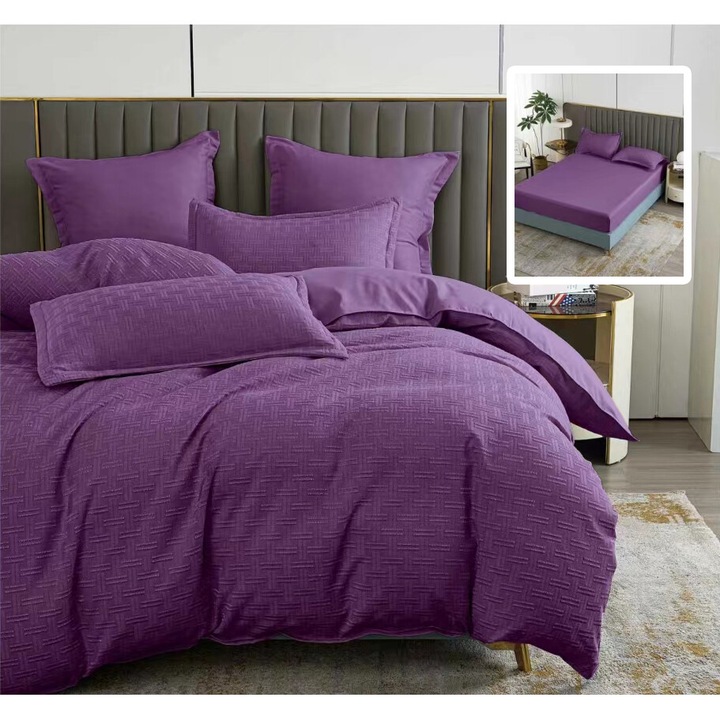 Спално бельо Finet Natur UNI Stripe 6 части, чаршаф 160/180x200 см, юрган 200x230 см, 2 калъфки за възглавници 50x70 и 70x70 см, лилав, Fucioasa