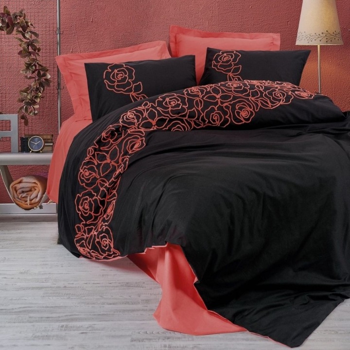 Rózsákkal hímzett franciaágynemű, 100% ranforce pamut, 240 x 260 cm, 6 db, Pamut doboz, Rosen Coral