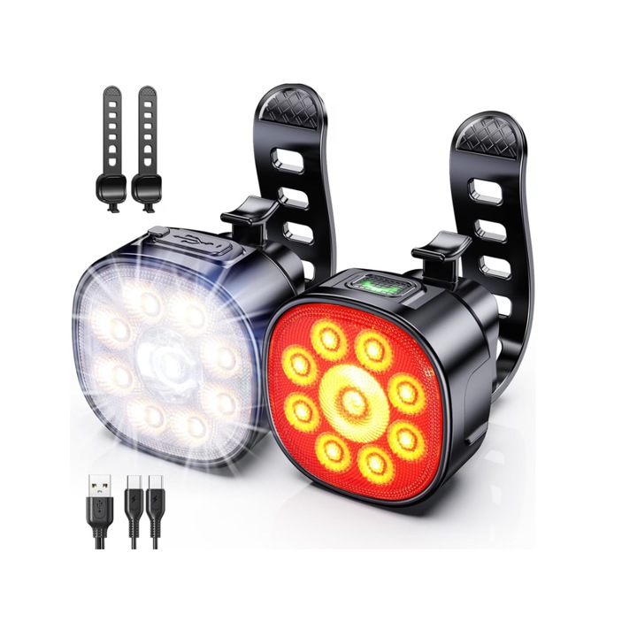 Ultra Bright - újratölthető kerékpár lámpák éjszakai kerékpározáshoz Első és hátsó lámpa, LED kerékpáros fényszóró villogó fény figyelmeztető hátsó lámpa