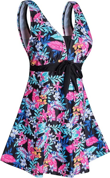 Costum de baie ECUPPER, cu flori, model intreg, cu pantaloni scurti control si, Multicolor