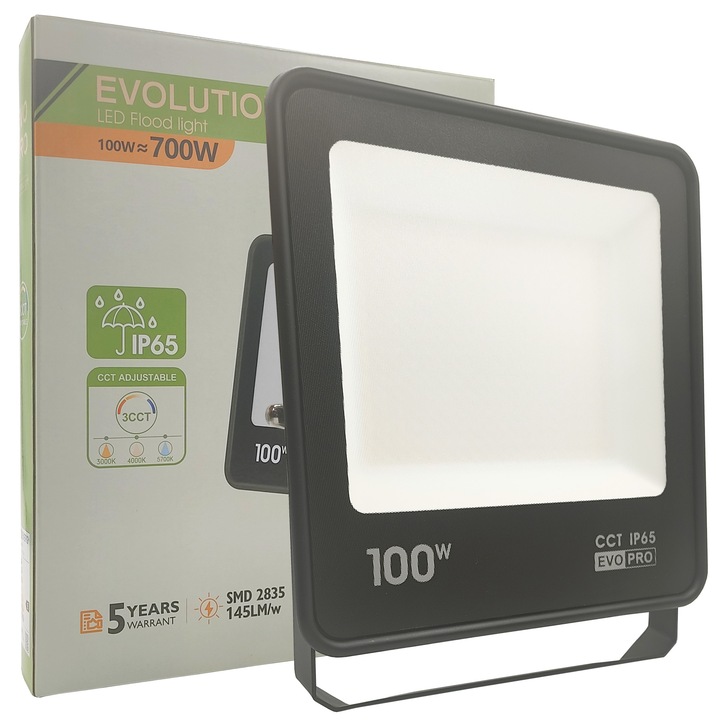 Proiector LED 100W (700W) Exterior, 11000Lm, IP65 Rezistent la apa, Negru, chip Lumileds, EVO Pro Floodlight, Lumina Selectabila 3000K 4000K 5700K