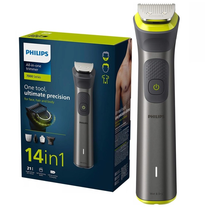 Philips Multigroom All in One MG7930/15 14-в-1 тример за брада и коса, технология BeardSense, самонаточващи се стоманени остриета, 21 настройки за дължина, водоустойчив, калъф, черно/сребристо