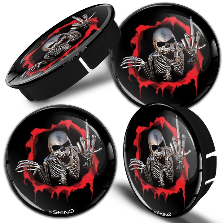 Kupak készlet alufelnihez SkinoEu, külső átmérővel 60mm, belső átmérővel 56mm, alumínium keréktárcsákhoz, Univerzális, Fekete, Skull, C 26, 4db
