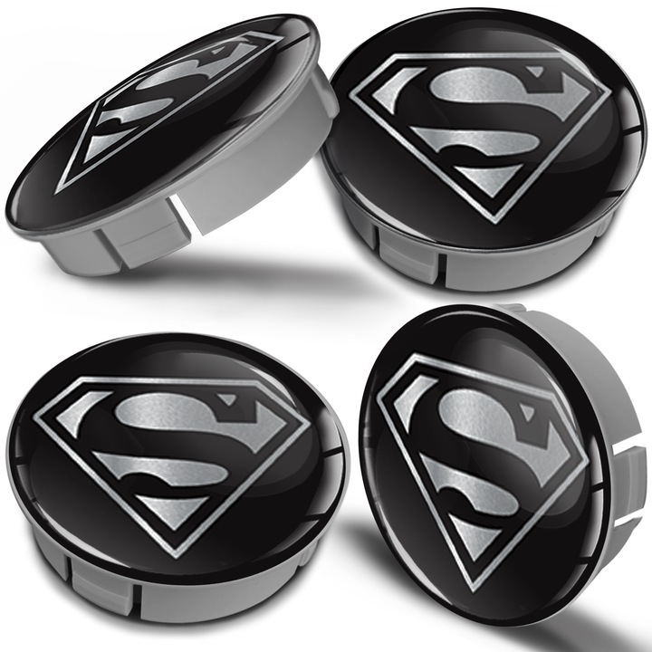 Set capace roti SkinoEu, diametru exterior 60 mm, diametru interior 56 mm, pentru jante din aliaj, universale, Superman, negru/argintiu, CS 30, 4 buc.