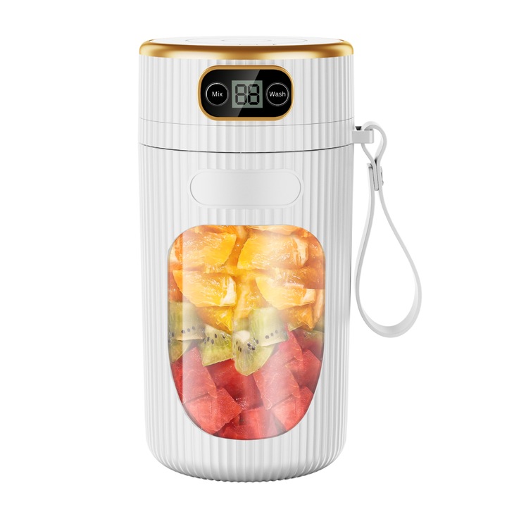 Blender portabil multifunctional clickzu, pentru mancare bebelusi, piure, suc de fructe/legume, smoothie, cutit cu 10 lame, capacitate 400ml, ecran digital, auto-curatare, sticla premium, invelis de silicon, curea de transport, incarcare USB, alb