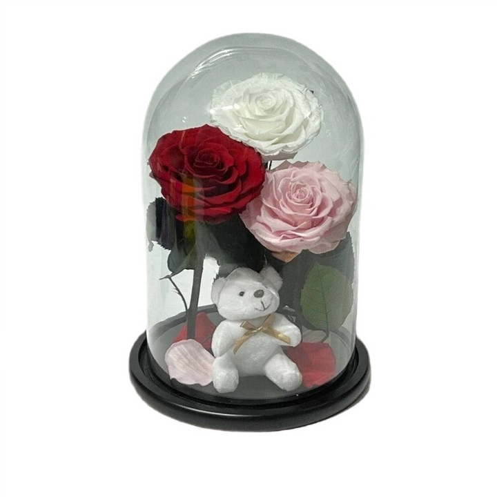Set 3 Trandafiri Criogenati cu Ursulet, in Cupola de Sticla - Ø 9, 5 cm, 20x35 cm, Rosu, Alb, Roz Pal, Kdeco