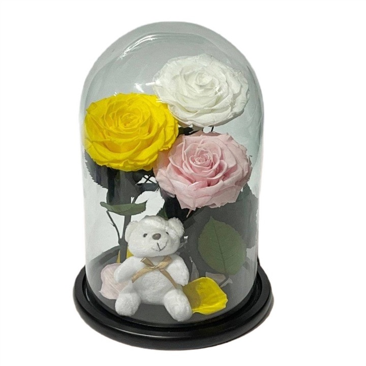 Set 3 Trandafiri Criogenati cu Ursulet, in Cupola de Sticla - Ø 9, 5 cm, 20x35 cm, Galben, Alb, Roz, Kdeco