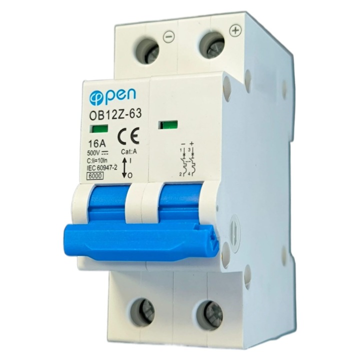 Siguranta Automata DC 16A, 2 Poli, 500V | Protectie Suprasarcina si Scurtcircuit | Montaj pe Sina DIN | Ideala pentru Sisteme Fotovoltaice si Aplicatii Industriale | OPEN