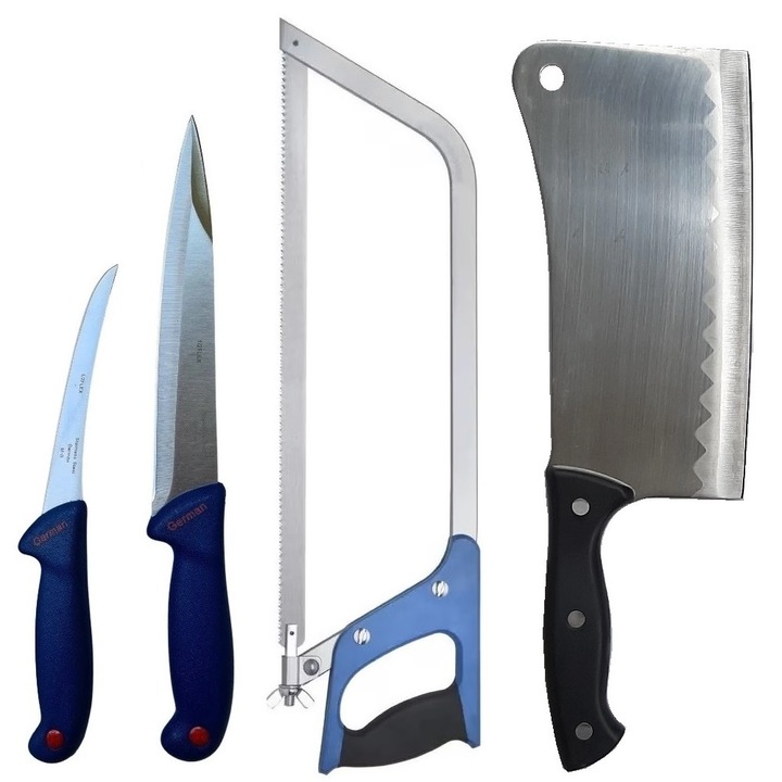 Set Profesional macelar RTK4-Blue, Cutite sacrificat, dezosat, Fierastrau macelar si Satar pentru oase 800 g, otel inoxidabil