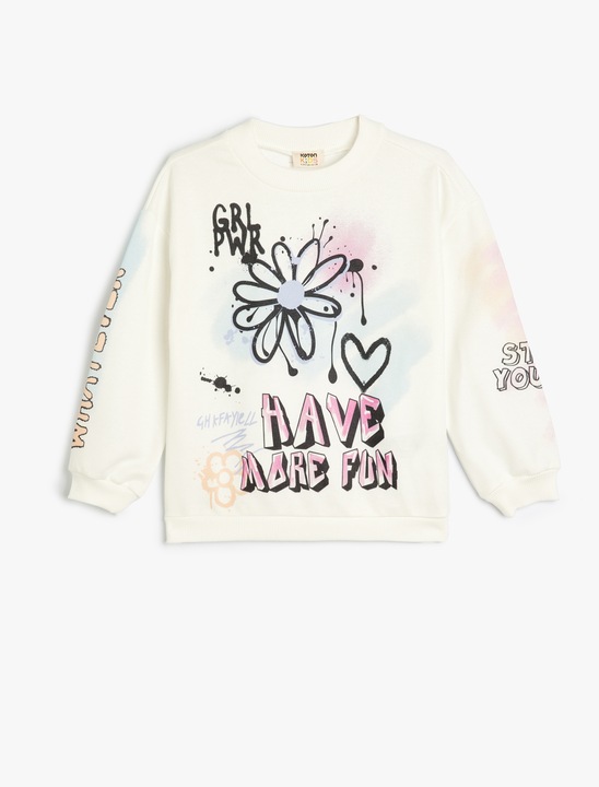 KOTON, Bluza de trening cu model grafic, Alb fildes, 146-152 CM