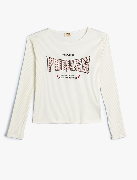 KOTON, Bluza din amestec de bumbac cu decolteu rotund, Alb fildes