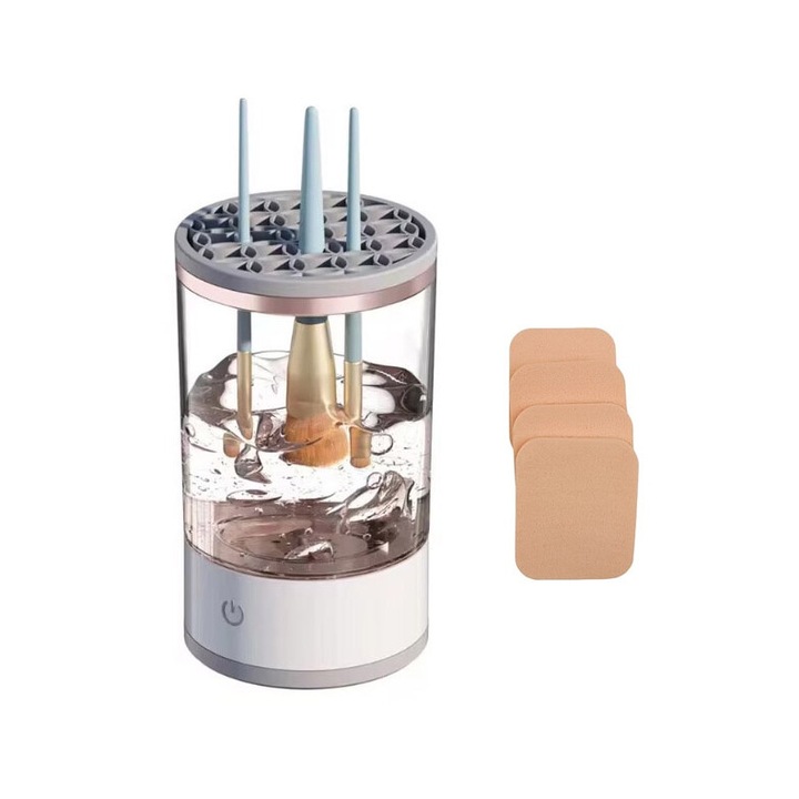 Комплект електрически уред за почистване и подсушаване Включени четки за грим Clean&Beauty Doty® и 4 гъби, включено USB, мие няколко четки едновременно, с ултразвук, бяло със златисти акценти