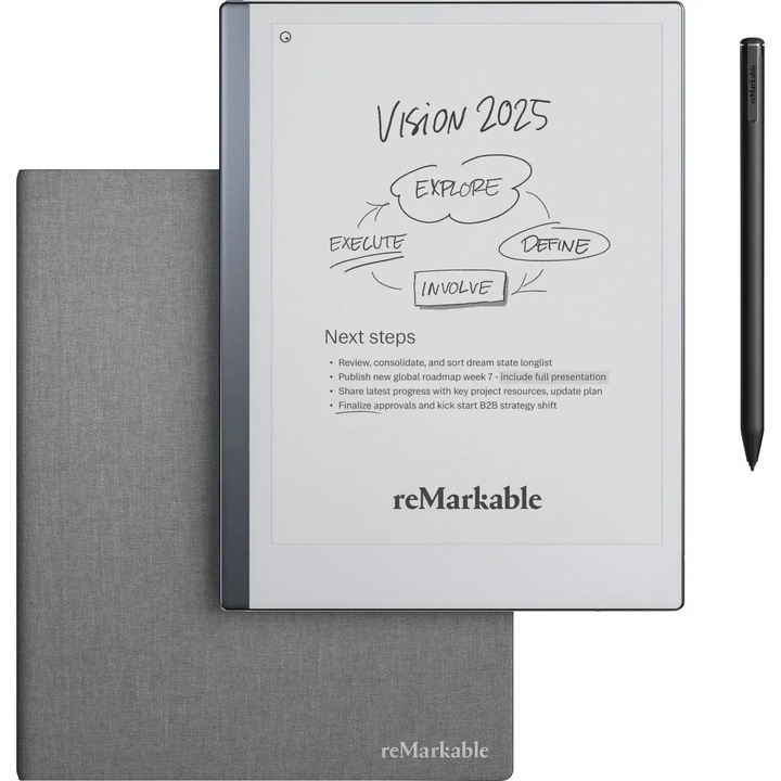Таблет ePaper reMarkable 2 със сива корица Book Folio Polymer Weave, включена писалка Marker Plus и накрайници за маркери, дисплей Carta E Ink 10,3", 1,2 GHz двуядрен ARM процесор, 1 GB RAM, 8 GB капацитет, Wi-Fi, сребрист