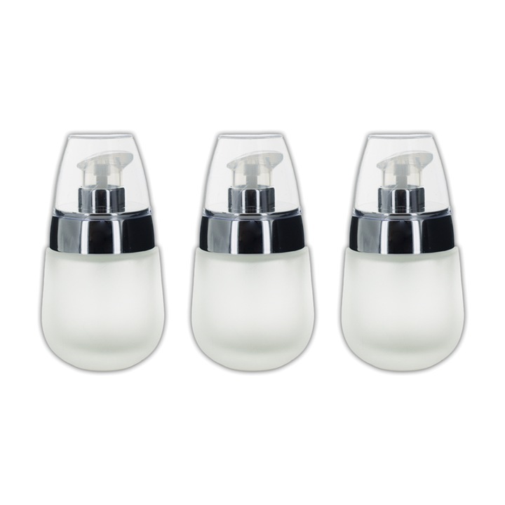 Set 3 bucati recipiente sticla mata alba 30 ml, pompa, capac transparent si guler argintiu, Flory