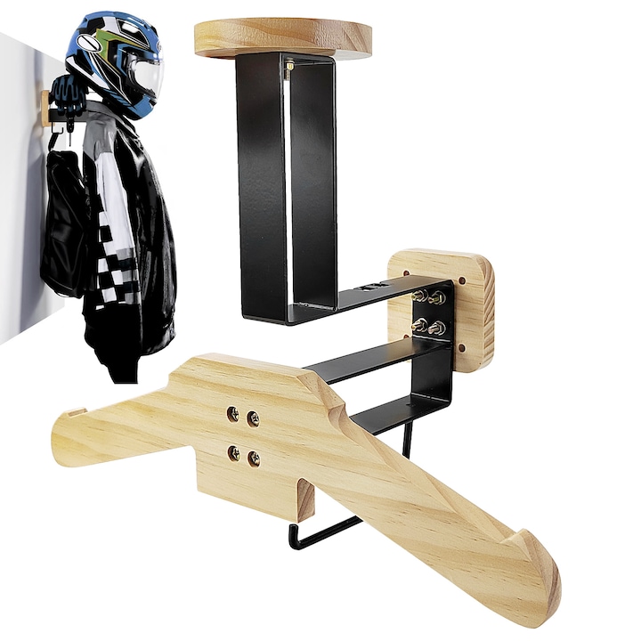 Suport de perete pentru casti moto, Outinhao, metal si lemn, capacitate 40kg, design integrat
