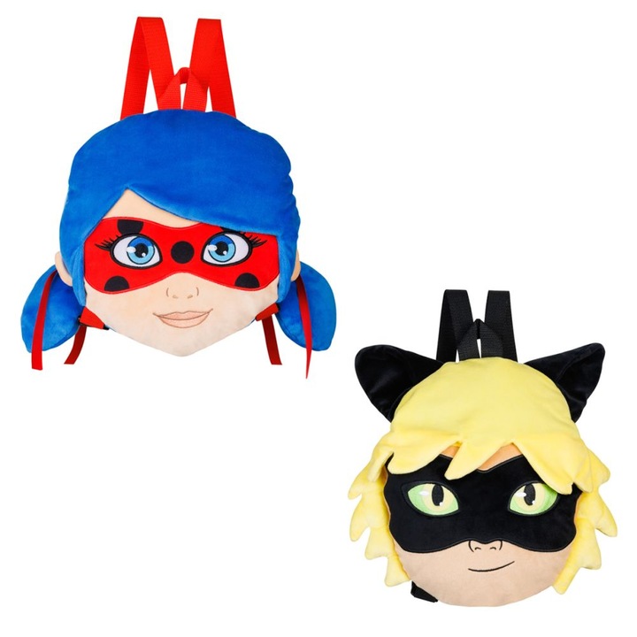 Плюшена раница P.M.I. Miraculous 30см, комплект 2 персонажа, Lady Bug/Black Cat Noar
