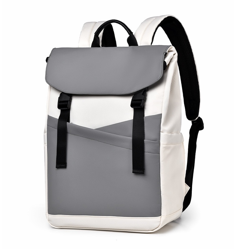 Rucsac pentru laptop, 16”, Multi-compartimentare, Capacitate mare, Clapeta, Impermeabil, Design cu carabiniera, Piele naturala, Gri
