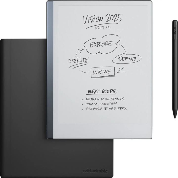 Таблет ePaper reMarkable 2 с корица Book Folio от черна първокласна кожа, включена писалка Marker Plus и накрайници за маркери, дисплей Carta E Ink 10,3", 1,2 GHz двуядрен ARM процесор, 1 GB RAM, 8 GB капацитет, Wi-Fi, сребрист