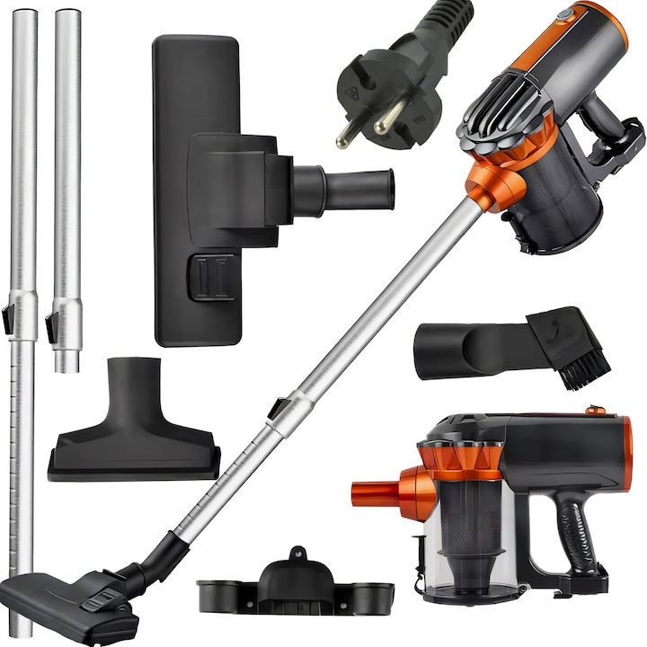 Aspirator Vertical De Mana Ciclon, Fara Sac, 600W, 5 In 1, Puternic, Compact, Filtrare 99.9%, Turbo, Cablu 5m, Rosu & Negru