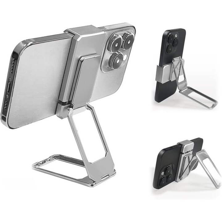 Suport telefon birou pliabil 360, metal, compatibil cu telefoane 7-8.5 inch, prindere spate, argintiu