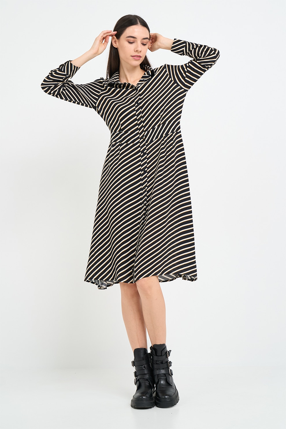 Timeout, Rochie midi in dungi, Alb, Negru, Galben, S