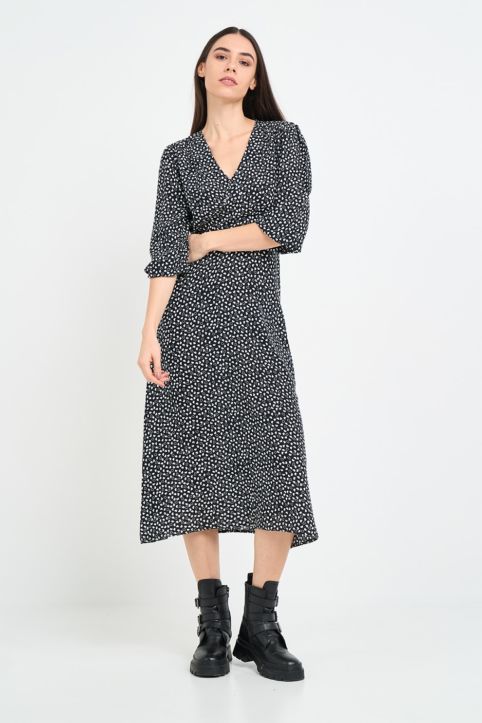 KVL by KENVELO, Rochie cu imprimeu si decolteu in V, Alb, Negru, S
