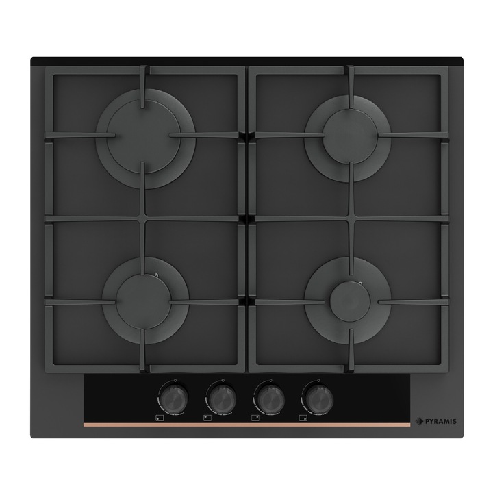 Plita gaz Pyramis 2082 Cooper Line Black Glass, 4 arzatoare, gratare fonta, panou de control frontal, 590x520mm, finisaj mixt mat si lucios
