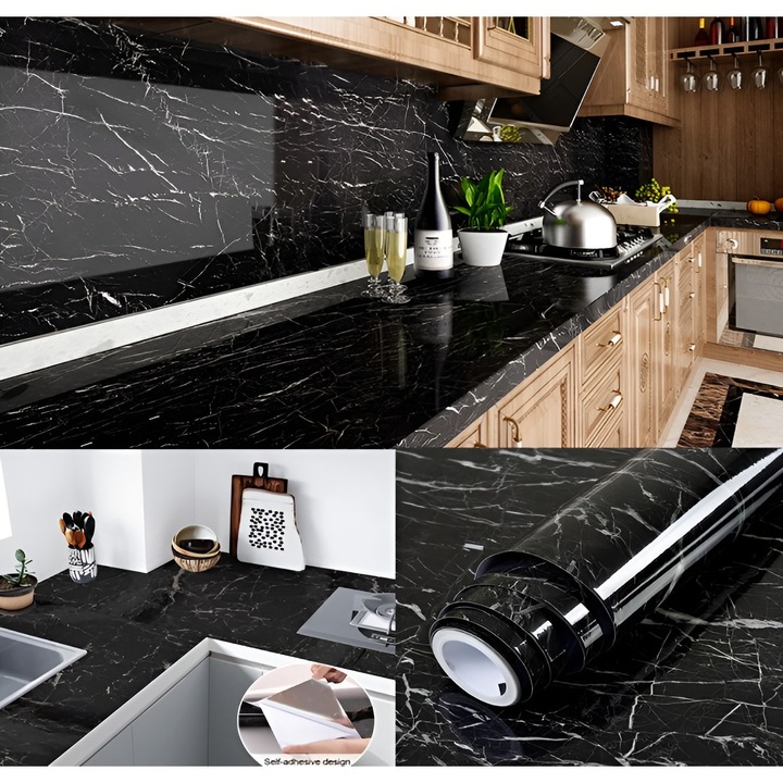 Öntapadós Tapéta Konyhába, Márványhatású Tekercs, Öntapadós Fólia, 40cmx100cm, Fekete