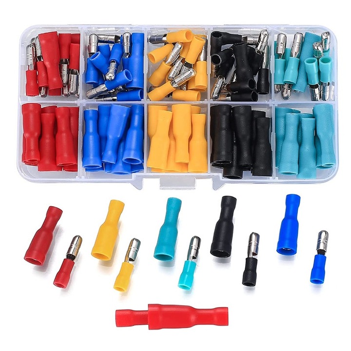 Kit conector glont de 50 de bucati, material izolat de inalta calitate, rezistent la coroziune, rapid de instalat si indepartat, usor de utilizat si depozitat, potrivit pentru electricieni auto, mecanici, pasionati si incepatori, multicolor