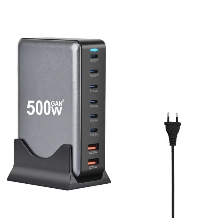 Statie de Incarcare Rapida 500W GaN III 8-in-1 QUANDES®, 6 USB-C PD 100W,65W & 2 USB-A, Compatibila cu Laptop, MacBook, iPhone 16/15/14/13 si Multe Alte Dispozitive Android S24/S23/s22 Portabila