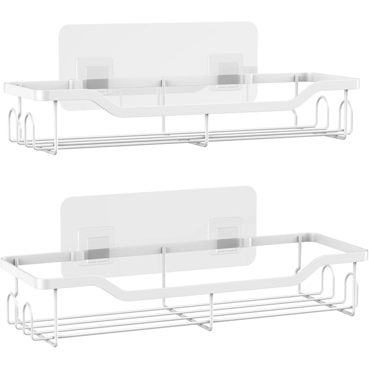Raft Mare de Dus cu Lipici - Organizator Adeziv pentru Dus, Raft din Otel Inoxidabil pentru Interiorul Cabinei, Organizatoare de Baie Fara Gaurire, Accesoriu Decorativ, Set 2 Buc, Argintiu