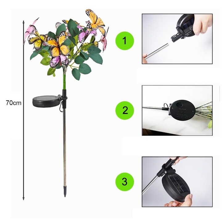 Set 2 lampi solare cu fluturi, 17 fluturi, 70cm, multicolor