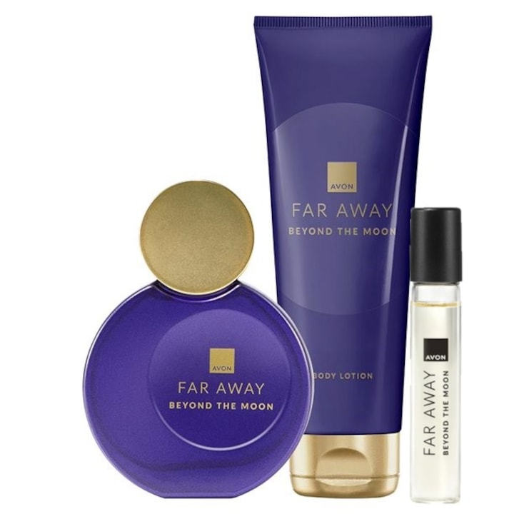 Set 3 produse Far Away Beyond The Moon, Avon - Apa de parfum 50 ml, Lotiune de corp 125 ml si Mini-Apa de parfum 10 ml
