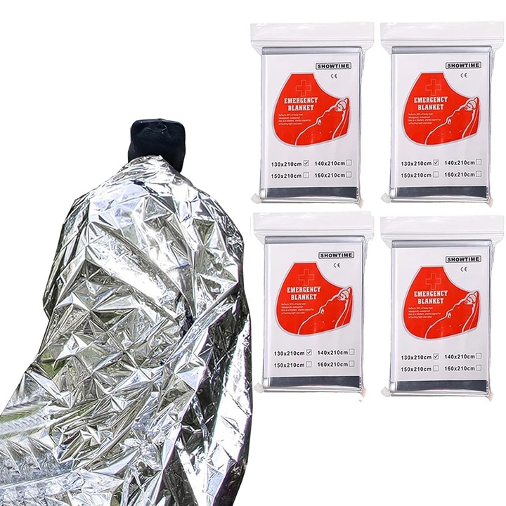 Set 4 Paturi Termice Mylar pentru Camping, 210x130cm, Waterproof, Windproof