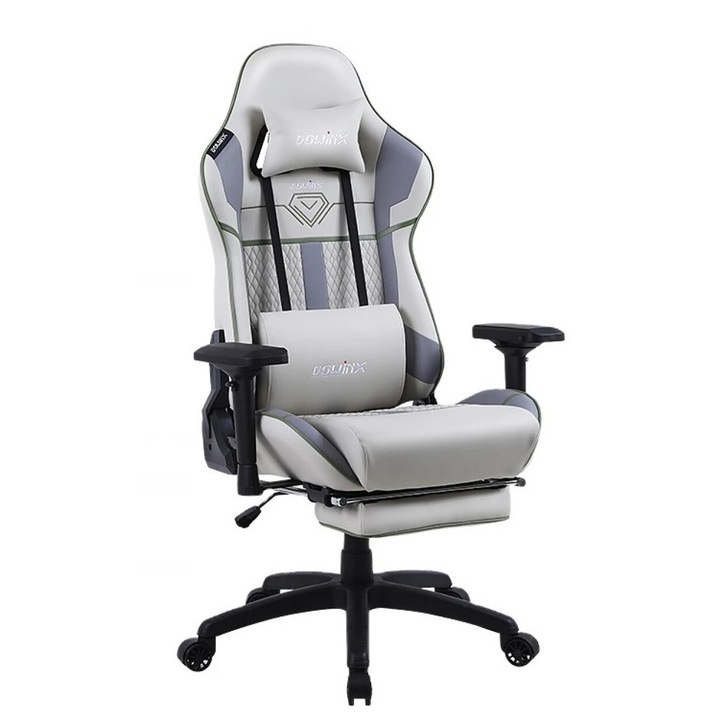 Scaun Gaming Ergonomic Premium DOWINX®, Perna Lombara Cu Masaj USB, Tapiterie Piele PU Matlasata, Recliner 90-165°, Suport Picioare Retractabil, Perne Reglabile Lombara Si Cervicala, Cotiere 4D, Cadru Solid Rezistent 150 Kg, Scaun Gaming Gri