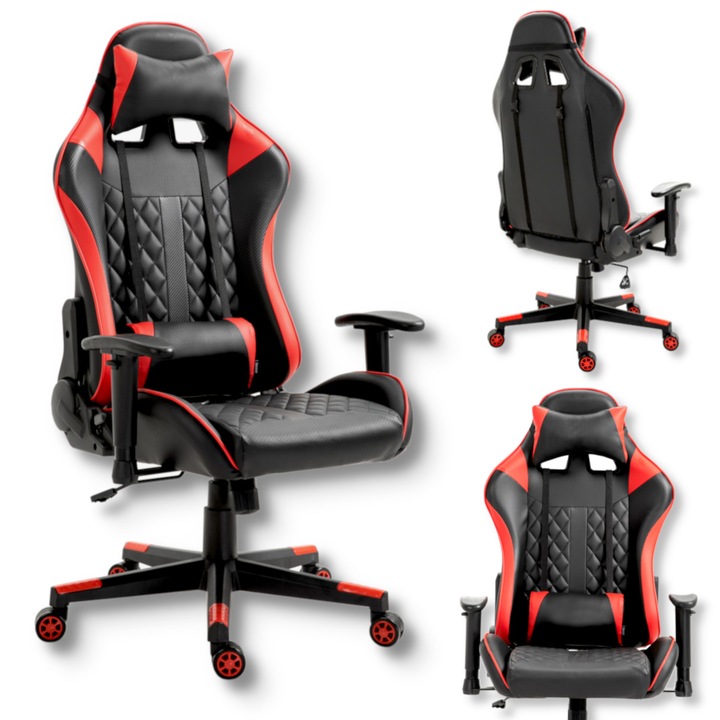 Scaun gaming, Viking, Piele Ecologica, 130kg, Negru, Rosu