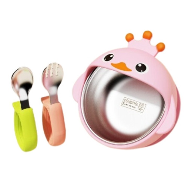 Set 3 piese diversificare bebelusi si copii, bol, lingura si furculita, model ratusca, roz
