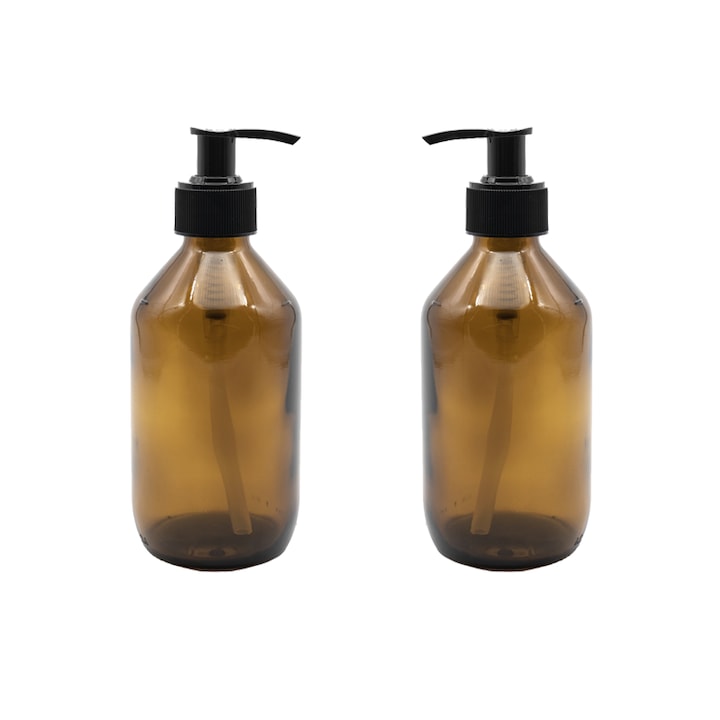 Set 2 bucati recipiente sticla maro 250 ml si pompa neagra, Flory