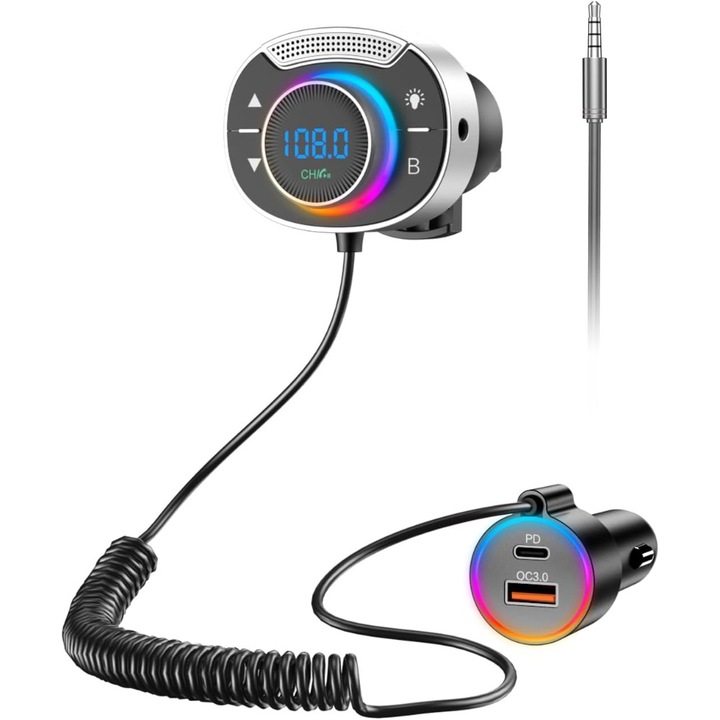 Adaptor auto Bluetooth, incarcare rapida, 7 culori LED, iesire AUX, suport USB, transmitator Bluetooth, bas de inalta fidelitate, radio FM, apelare hands-free
