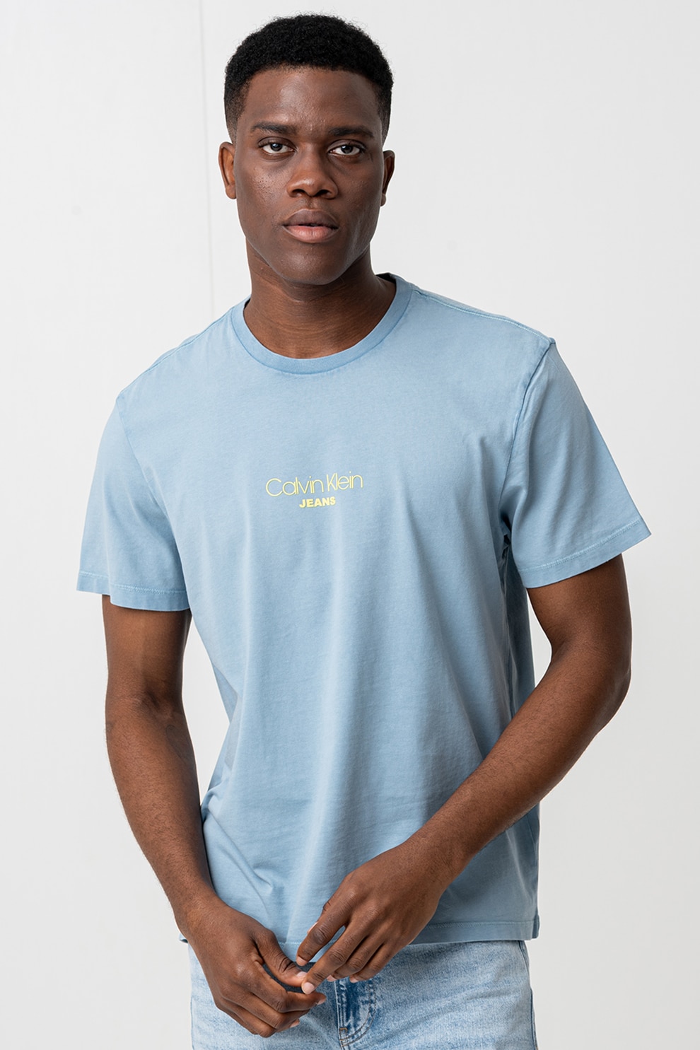 CALVIN KLEIN JEANS, Tricou de bumbac cu decolteu la baza gatului, Albastru glaciar, 2XL