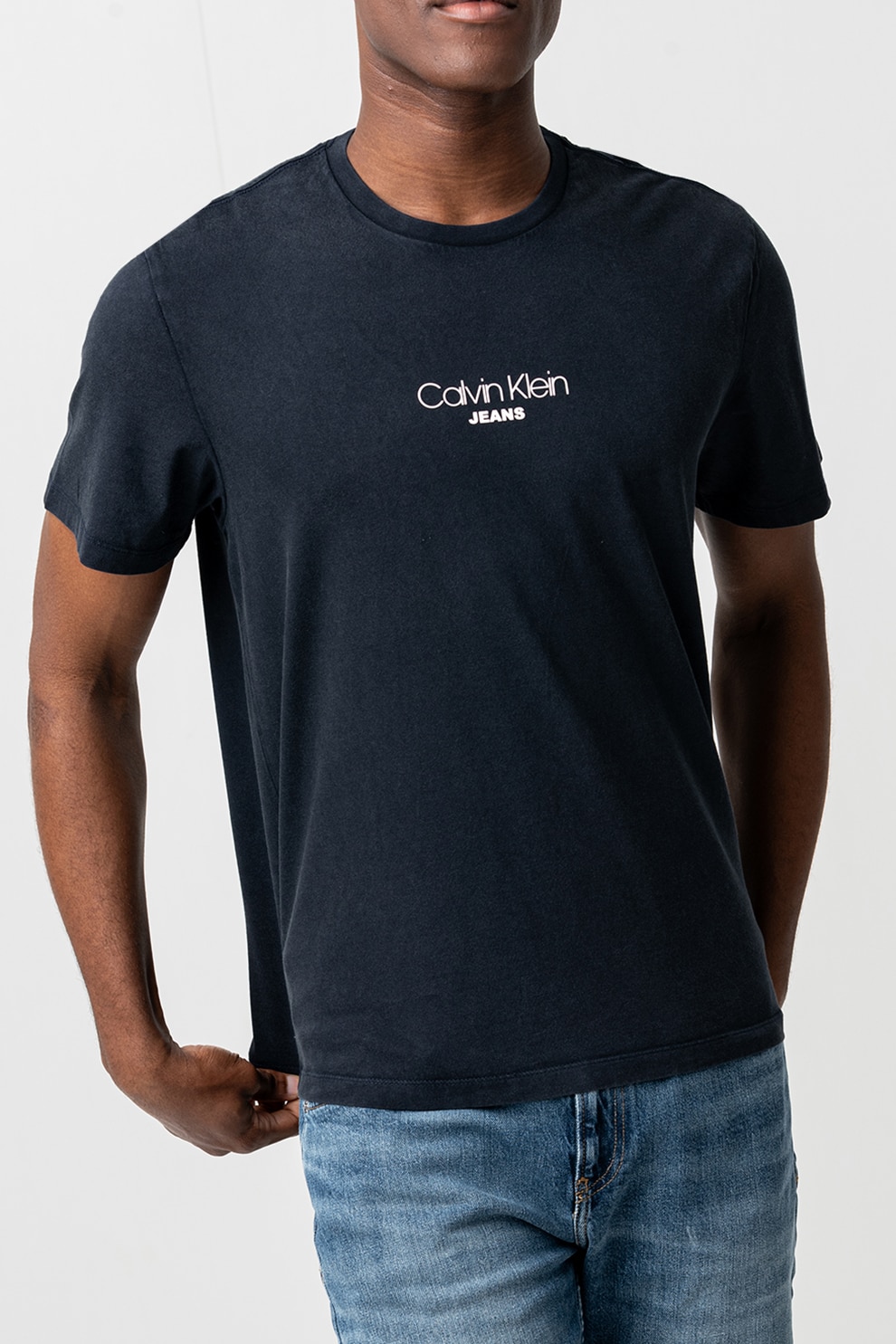 CALVIN KLEIN JEANS, Tricou de bumbac cu decolteu la baza gatului, Albastru ultramarin, L