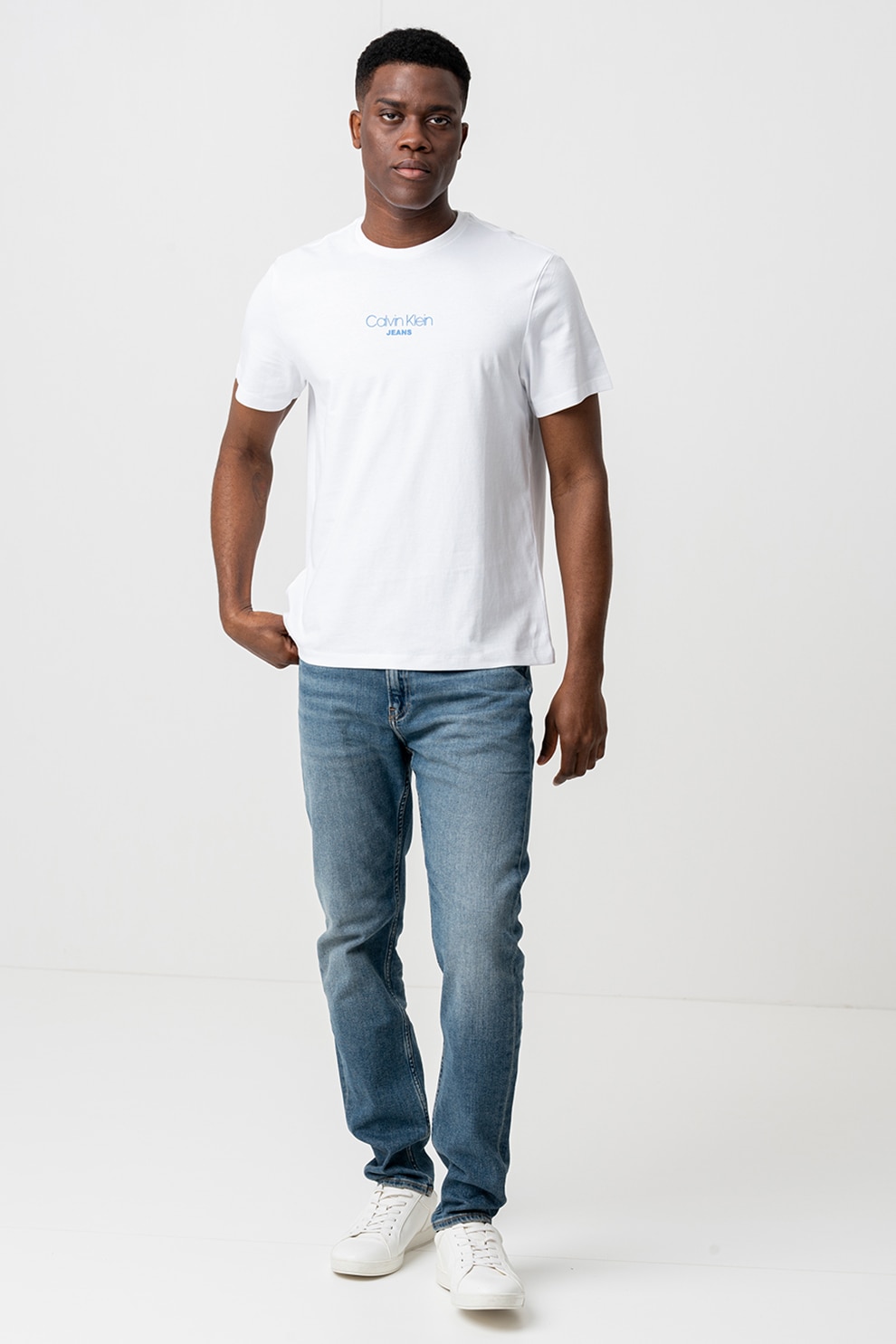 CALVIN KLEIN JEANS, Tricou de bumbac cu decolteu la baza gatului, Alb optic, XL