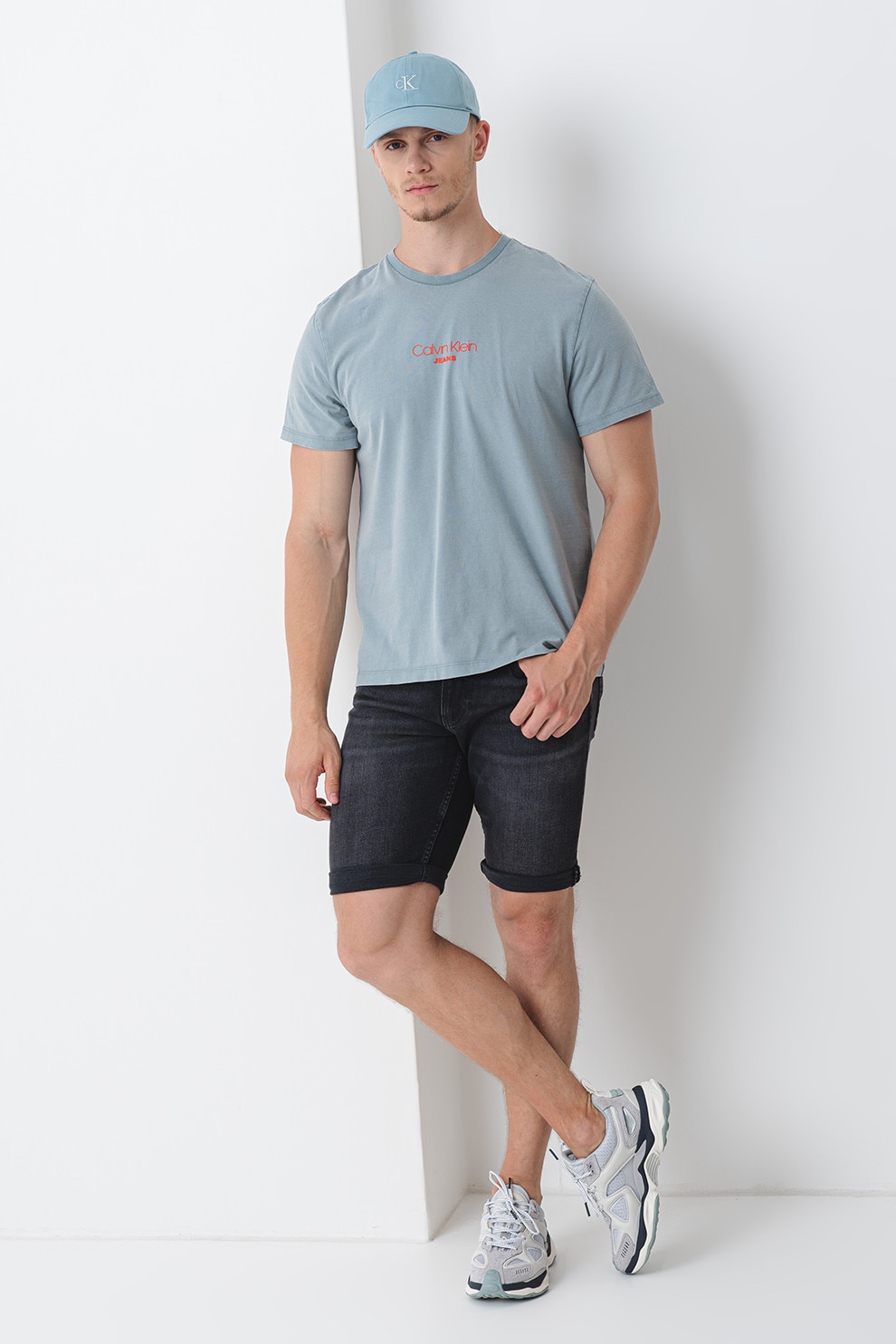 CALVIN KLEIN JEANS, Tricou de bumbac cu decolteu la baza gatului, Albastru prafuit, Portocaliu mandarina, XL