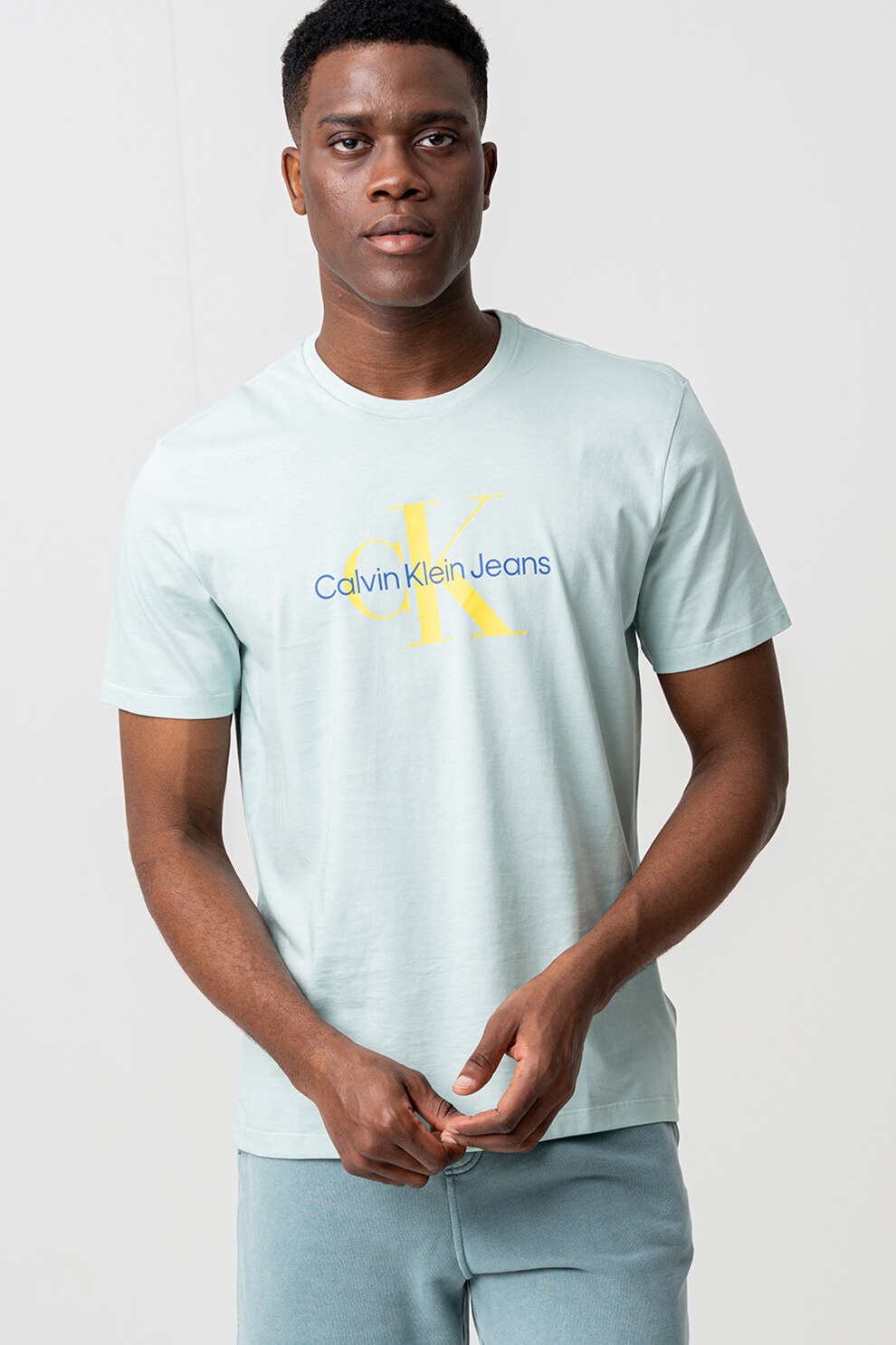 CALVIN KLEIN JEANS, Tricou de bumbac cu decolteu la baza gatului, Galben, Turcoaz, Albastru royal, S
